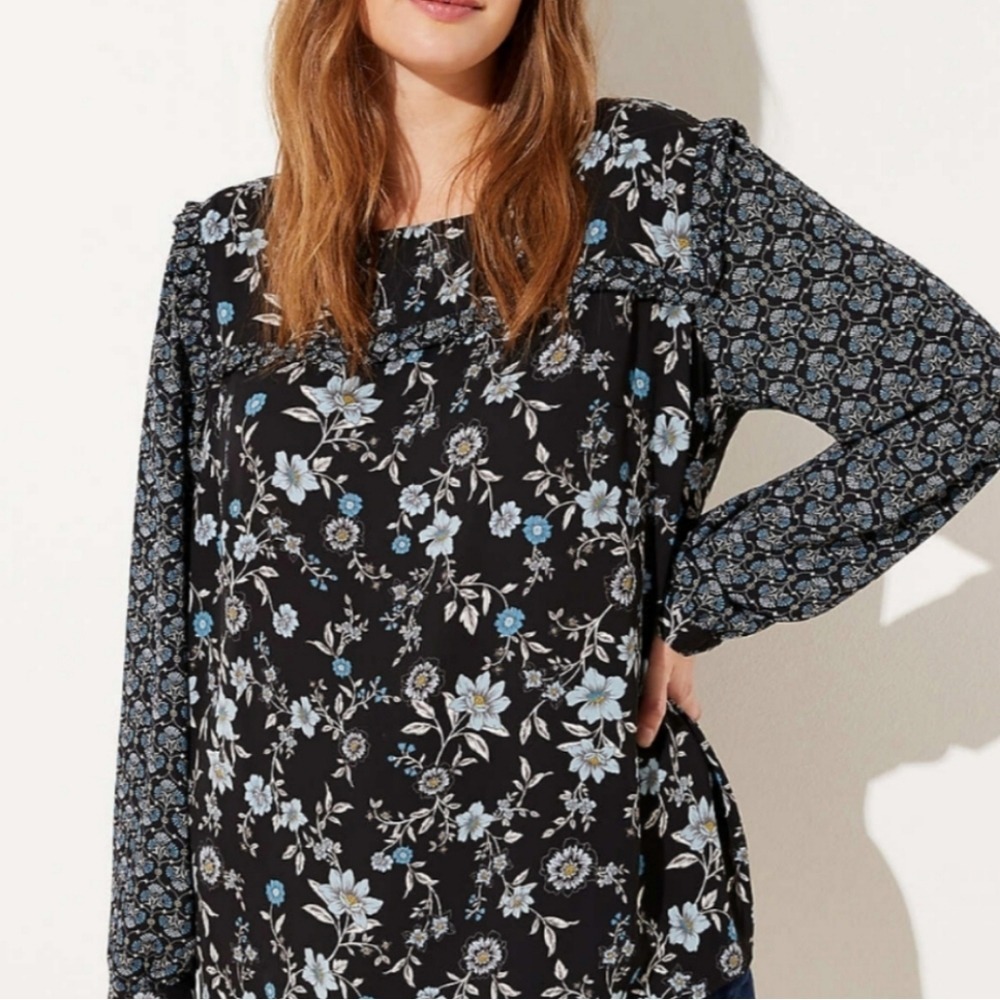 LOFT Petites XXLP Black Floral Mixed Print Ruffle Long Sleeve Blouse Top